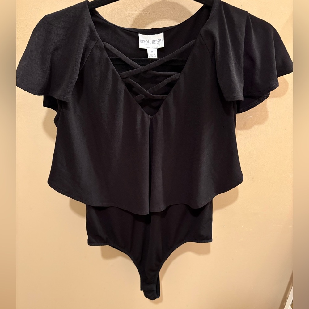 Bisou Bisou Michele Bohbot Black Lace Up Layered Bodysuit Size Medium